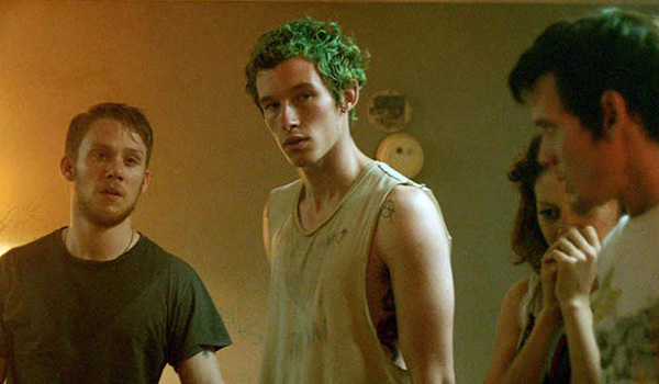 Pat (Anton Yelchin), Sam (Alia Shakwat), Reece (Joe Cole), and Tiger (Callum Turner) in the green room.